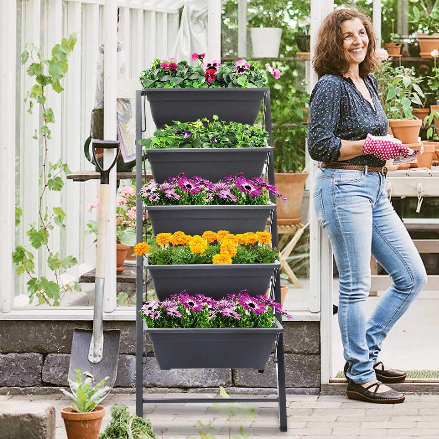 FOYUEE Vertical Herb Garden Planter Box Outdoor Elevated Raised Bed for Vegetables Flower Indoor with Drainage 5 Container