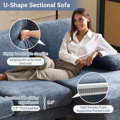 VINGLI 110" Sectional Couches for Living Room,U Shaped Couch with Double Chaise, 4-Seat Sofa Set with Chenille Fabric for Home Furniture,Beige