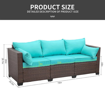 WAROOM Patio Couch PE Wicker 3-Seat Outdoor Brown Rattan Sofa Deep Seating Furniture with Non-Slip Beige Cushion