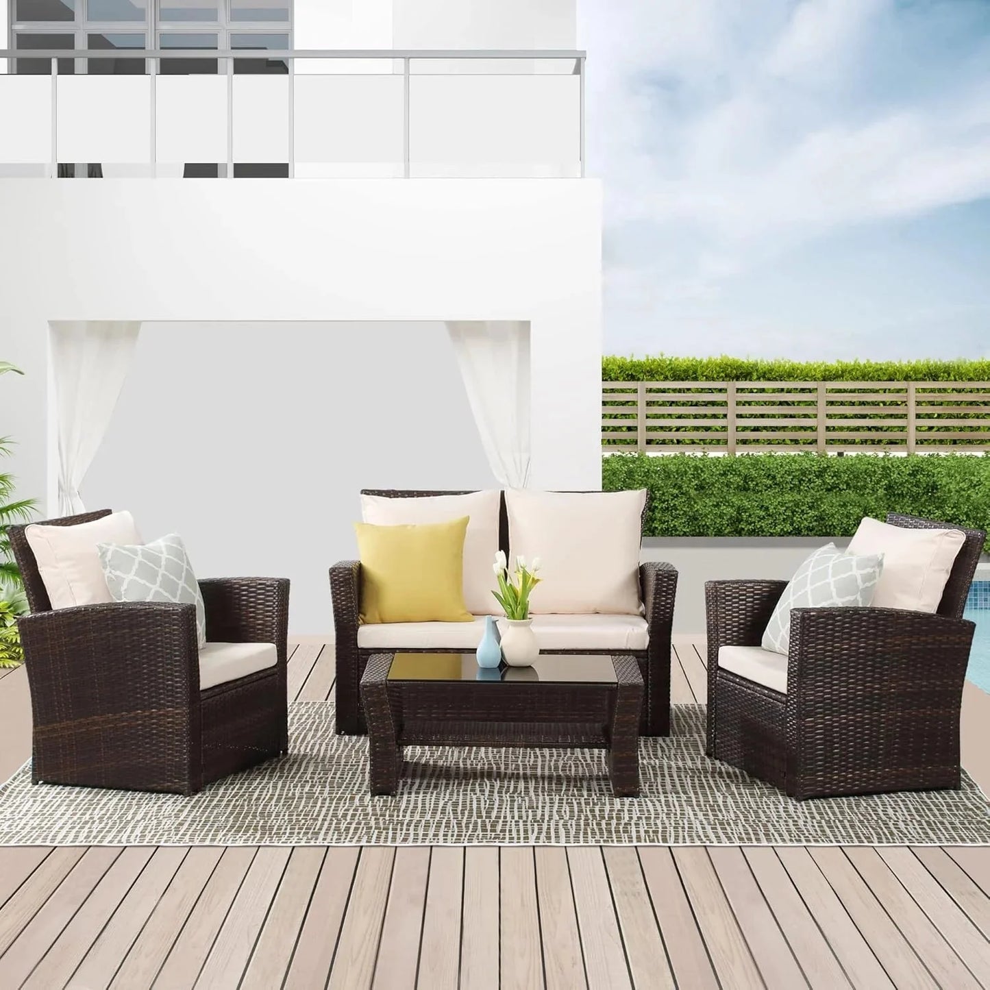 Wisteria Lane 4 Piece Outdoor Patio Furniture Sets, Wicker Conversation Set for Porch Deck, Grey Rattan Sofa Chair with Cushion Blue