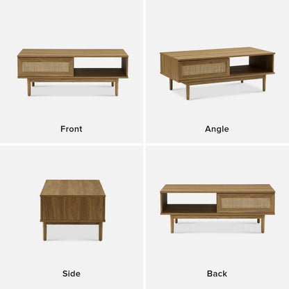 Mopio Ensley Mid Century Modern Rectangle Coffee Table with Dual Storage Shelf, Wood Slat Sliding Door, & Rounded Edge Protection for Living Room, Walnut Grain