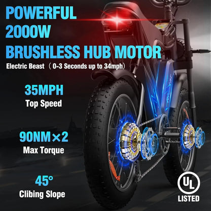 Electric Bike Q20, 2000W, 52V, 30-180 Miles All-Terrain Fat Tire E-Bike for Adults
