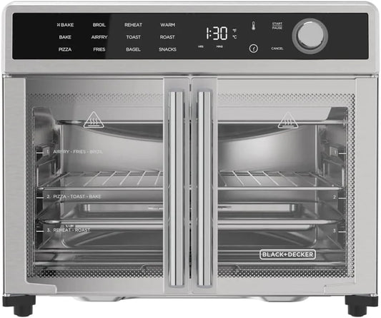 Crisp 'N Bake Air Fryer Toaster Oven Combo, 12 in 1 Countertop Convection Oven Cooks Food Fast, Fits a Whole Pizza or 6 Toast Slices, French Doors with Stainless Steel Finish