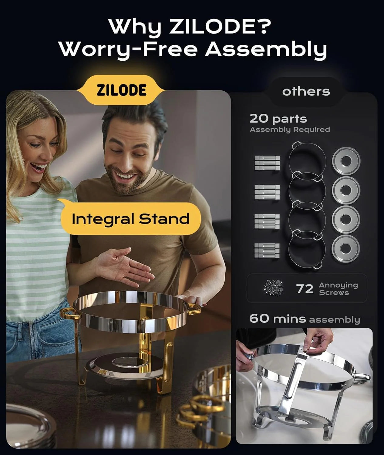 Chafing Dishes for Buffet 4 Pack, 5QT Worry-Free Assemble Round Chafing Dish Buffet Set Elegant Gold and Silver Colors Stainless Steel Chafers and Buffet Warmers Sets for Parties with Complete Set