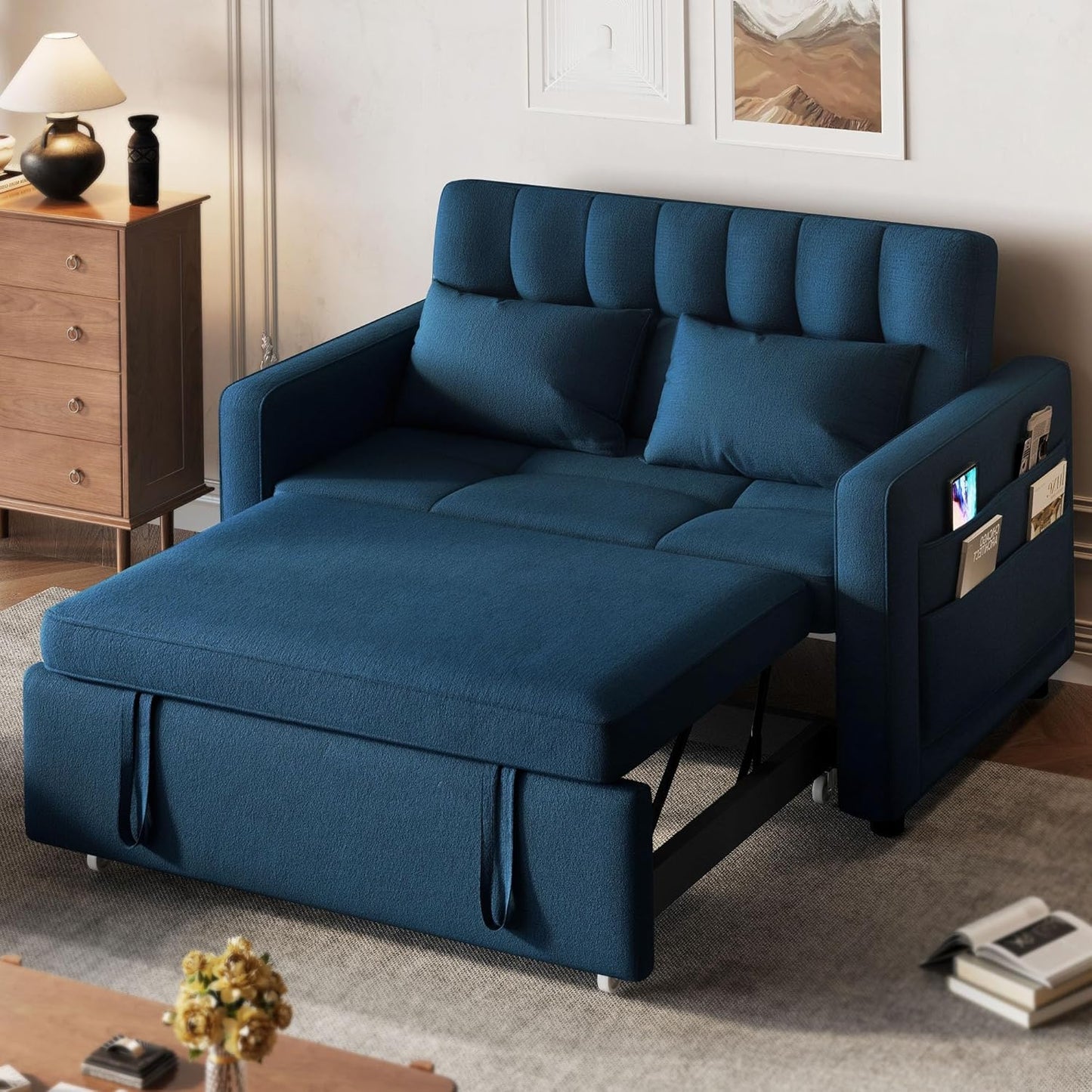 DWVO 3-in-1 Convertible Sofa Bed, 55" Sleeper Sofa with Pull-Out Bed, Cat-Scratch-Proof Fabric Futon Couch with Adjustable Backrest and Side Pocket, Loveseat for Living Room Apartment, Grey
