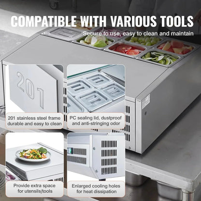 Refrigerated Condiment Prep Station, 135 W Countertop Refrigerated Condiment Station, with 2 1/3 Pans & 4 1/6 Pans, 304 Stainless Body and PC Lid, Sandwich Prep Table with Stainless Guard, ETL