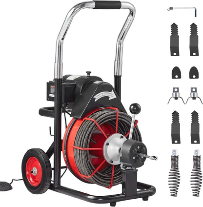VEVOR Drain Cleaner Machine 100FT x 1/2 Inch, Auto Feed Sewer Snake Auger on Wheels, 550W Portable Drain Cleaning Machine with 8 Cutters & Air-activated Foot Switch for 2" to 4" Pipes