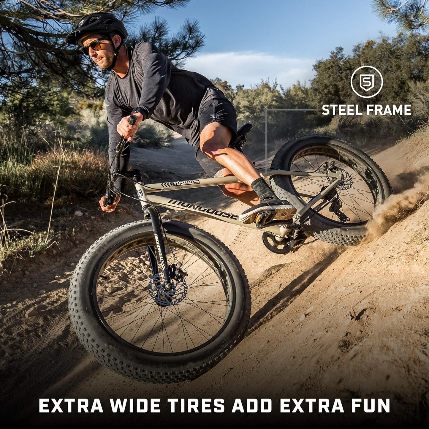 Mongoose Malus Mens and Women Fat Tire Mountain Bike, 26-Inch Bicycle Wheels, 4-Inch Wide Knobby Tires, Steel Frame, 7 Speed Drivetrain, Shimano Rear Derailleur, Disc Brakes