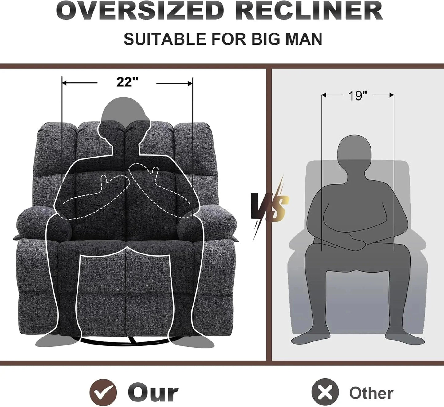 Oversized Swivel Recliner Chair for Big Man Grey