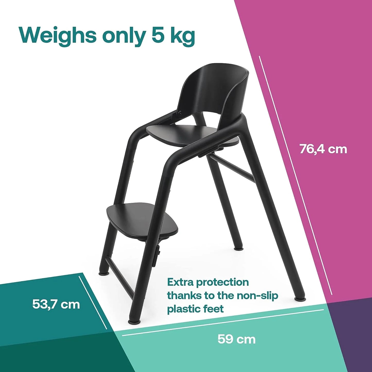 Wooden Baby High Chair, Adjustable in 1 Second, Easy to Clean, Safe and Ergonomic Highchair, Suitable from Birth in Combination with Newborn Set (Sold Separately), Black
