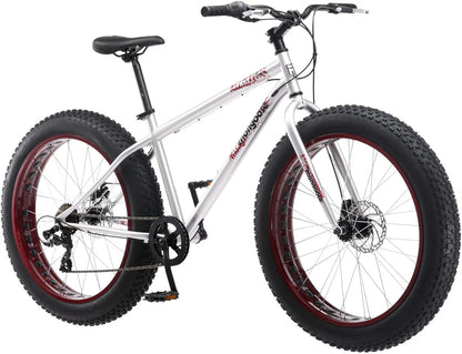 Mongoose Malus Mens and Women Fat Tire Mountain Bike, 26-Inch Bicycle Wheels, 4-Inch Wide Knobby Tires, Steel Frame, 7 Speed Drivetrain, Shimano Rear Derailleur, Disc Brakes