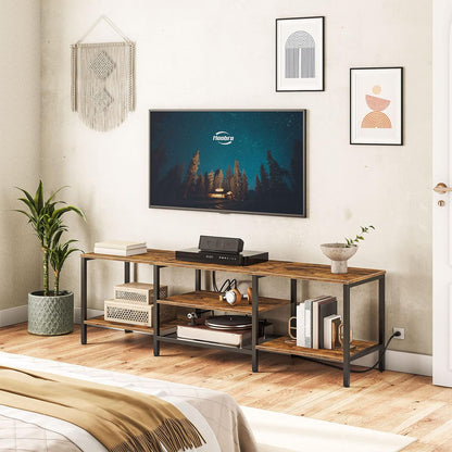 TV Stand with Power Outlets to 75 Inches, TV Console Table with Open Storage Shelves Cabinet, Industrial Media Entertainment Center for Living Room Bedroom, Rustic Brown and Black BF60DS01