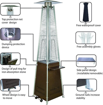 Pyramid Patio Propane Heater48,000 BTU Outdor Patio Flame Heater With Wheels,Waterproof Cover Quartz Glass Tube Propane Heater for Patio, Party, Backyard, Garden, Decoration(Bronze)