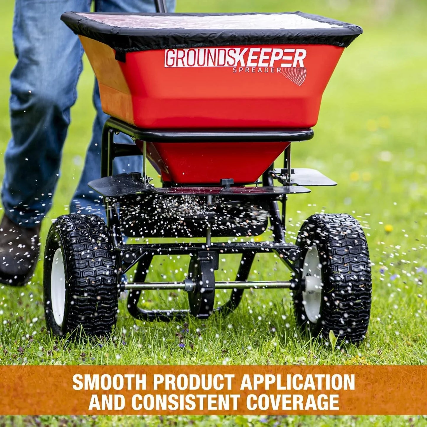 Buyers Products 3039632R Grounds Keeper Commercial Walk Behind Push Spreader, 100lb Capacity, For Salt, Ice & Snow Melt, Included Grate & Cover With Enclosed Gearbox for Protection