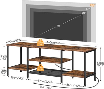 TV Stand with Power Outlets to 75 Inches, TV Console Table with Open Storage Shelves Cabinet, Industrial Media Entertainment Center for Living Room Bedroom, Rustic Brown and Black BF60DS01