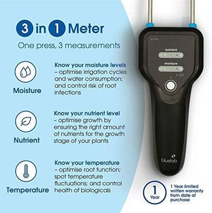Pulse Meter Water 3-in-1 Moisture/Nutrient (TDS)/Temperature Test Kit for Garden Soil, Coco, and Solution, Ester for Hydroponic System and Indoor Plant Grow, Clear