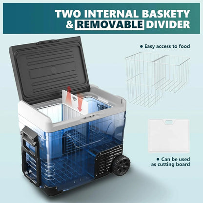 EUHOMY 12 Volt Refrigerator, 37QT(35L) Electric Cooler, Portable Freezer 12V/24V DC 110-240V AC, 12V Fridge -4℉~68℉, 12V Cooler with Wheels & 2 Baskets for Travel, Truck, Boat, Camping