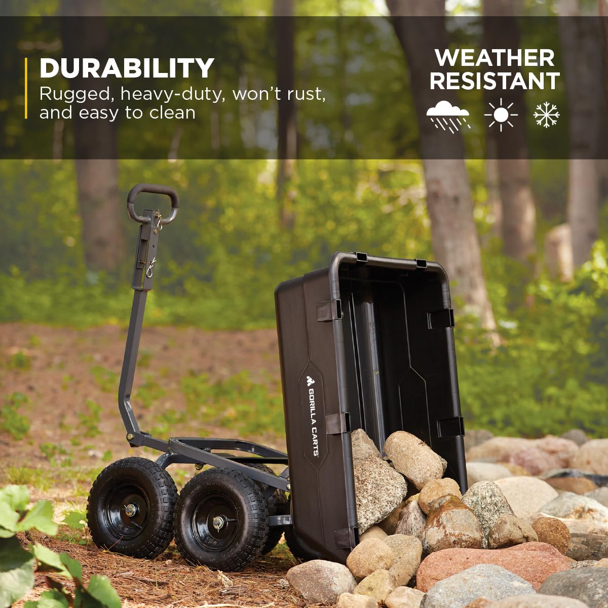 GORILLA CARTS Heavy-Duty Poly Yard Dump Cart - 1200 lb Capacity