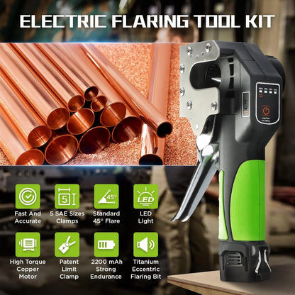 Electric Flaring Tool Kit, 1/4" - 3/4" Copper Flaring Tool Flare Gauge, 5 SAE Sizes Clamps 45° Eccentric Type Flare 2200 mAh