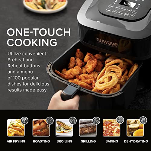 Nuwave Brio 8 Qt Air Fryer, Powerful 1800W, Easy to Read Cool White Display, 50° 400°F Temp Controls, 100 Pre Programmed Presets & 50 Memory Slots, Integrated Smart Thermometer, Linear T Technology