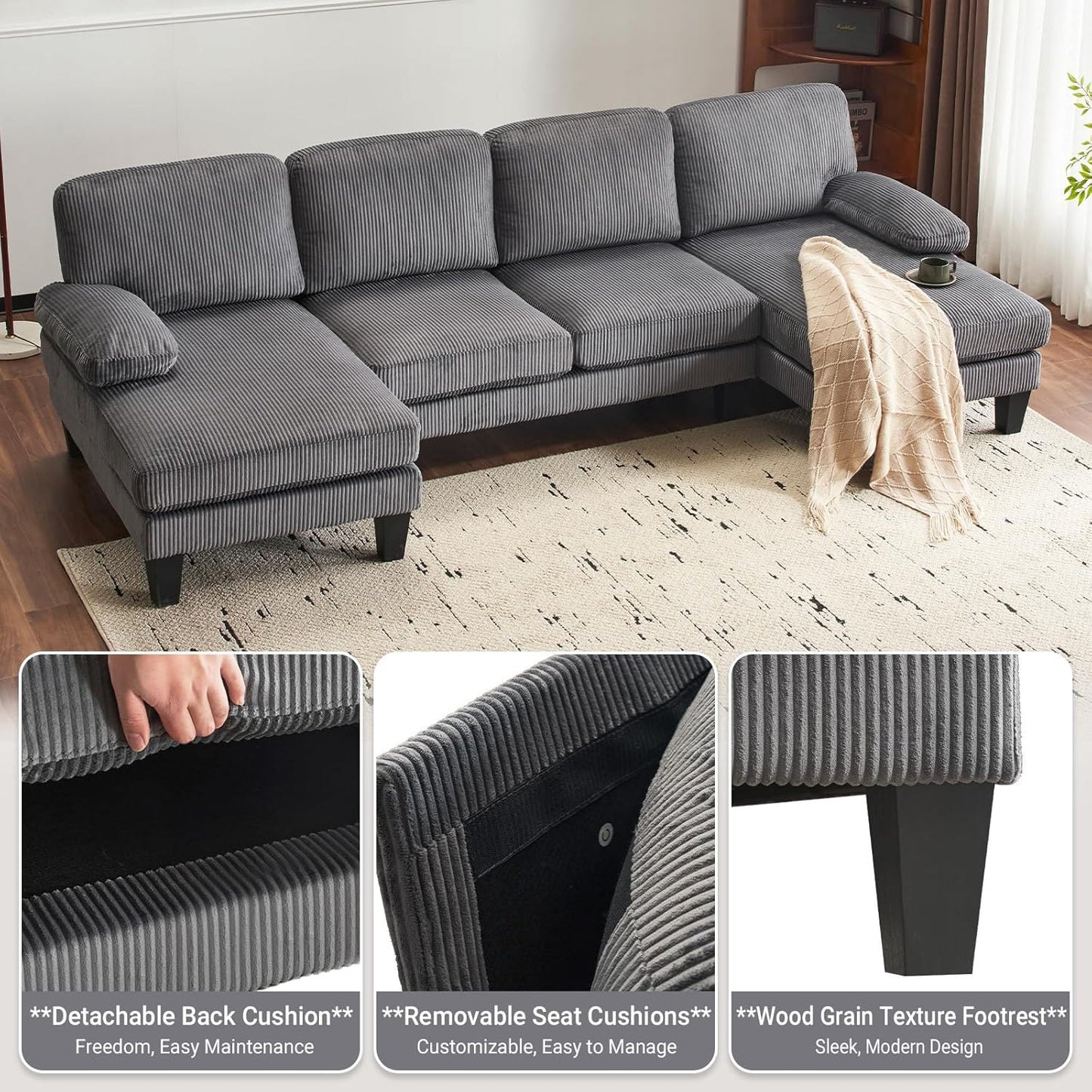VINGLI 110" Sectional Couches for Living Room,U Shaped Couch with Double Chaise, 4-Seat Sofa Set with Chenille Fabric for Home Furniture,Beige