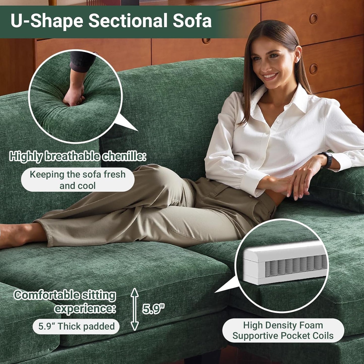 VINGLI 110" Sectional Couches for Living Room,U Shaped Couch with Double Chaise, 4-Seat Sofa Set with Chenille Fabric for Home Furniture,Beige