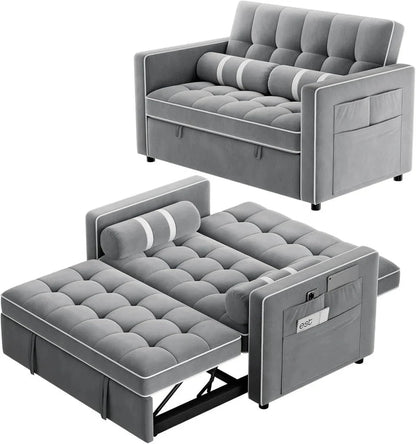 Pipishell 3 in 1 Convertible Sleeper Sofa Bed,Pull Out Couch for Living Room with USB Ports & Side Pockets,Adjustable Backrest,Velvet,Loveseat Sofa Bed,Futon Couches,Black