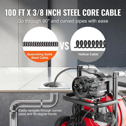 VEVOR Drain Cleaner Machine 100FT x 1/2 Inch, Auto Feed Sewer Snake Auger on Wheels, 550W Portable Drain Cleaning Machine with 8 Cutters & Air-activated Foot Switch for 2" to 4" Pipes