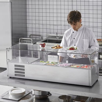 Refrigerated Condiment Prep Station, 135 W Countertop Refrigerated Condiment Station, with 2 1/3 Pans & 4 1/6 Pans, 304 Stainless Body and PC Lid, Sandwich Prep Table with Stainless Guard, ETL