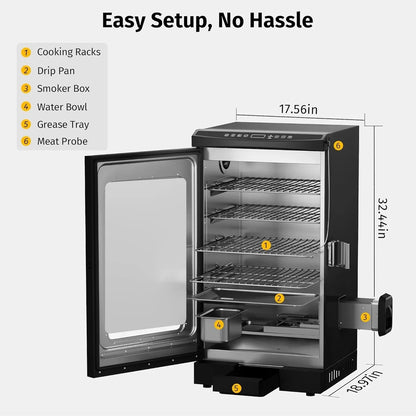 EAST OAK 30" Outdoor Electric Smoker | Built-in meat probe, smokes up to 6 times longer in a single load, side loader for uninterrupted smoking