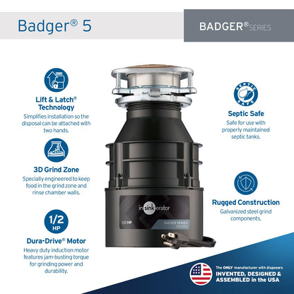 INSINKERATOR InSinkErator Badger 5 Garbage Disposal, 1/2 HP