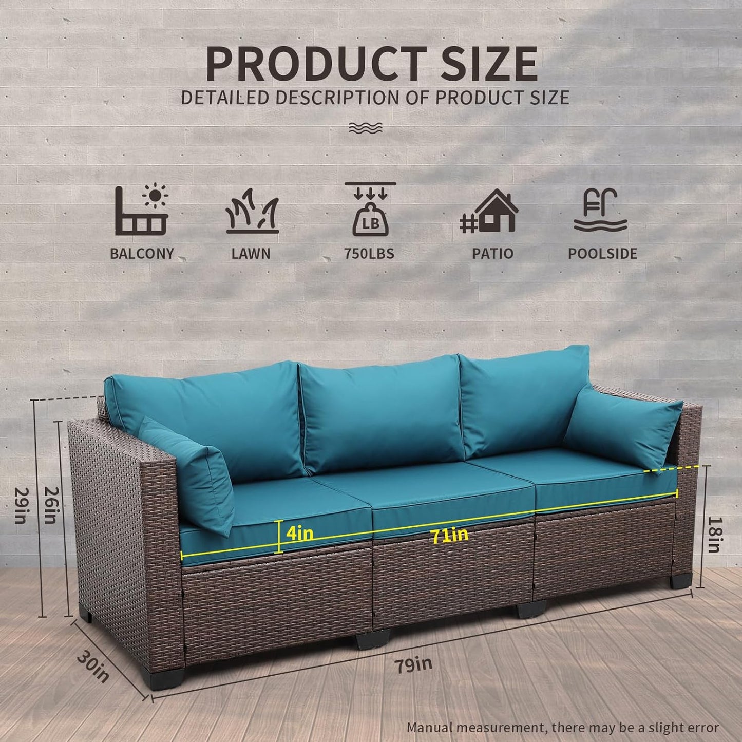 WAROOM Patio Couch PE Wicker 3-Seat Outdoor Brown Rattan Sofa Deep Seating Furniture with Non-Slip Beige Cushion