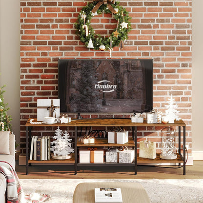 TV Stand with Power Outlets to 75 Inches, TV Console Table with Open Storage Shelves Cabinet, Industrial Media Entertainment Center for Living Room Bedroom, Rustic Brown and Black BF60DS01