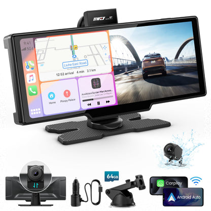 IIWEY Portable Apple Carplay Screen 10'' Car Stereo 4K Dash Cam