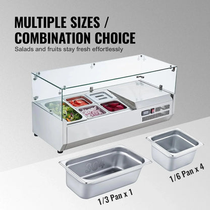 Refrigerated Condiment Prep Station, 135 W Countertop Refrigerated Condiment Station, with 2 1/3 Pans & 4 1/6 Pans, 304 Stainless Body and PC Lid, Sandwich Prep Table with Stainless Guard, ETL