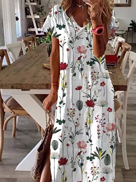 Jersey Floral Printed Casual V-neck Loose Dress