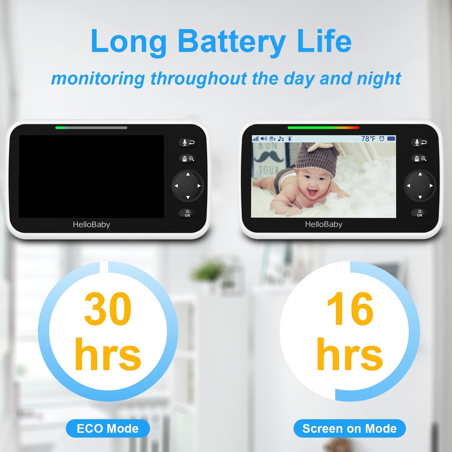 HELLOBABY Upgrade Baby Monitor - 30-Hour Battery, 2 Cameras, Night Vision