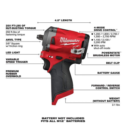 Milwaukee M12 FUEL 3/8′′ Cordless Brushless Stubby Impact Wrench, 250 ft lbs Torque, Tool Only