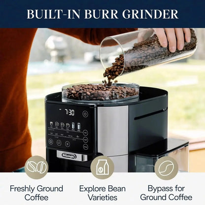 De'Longhi TrueBrew Drip Coffee Maker with Built-in Grinder, Programmable, 6 Brew Sizes, 5 Styles, Stainless Steel, Silver Black