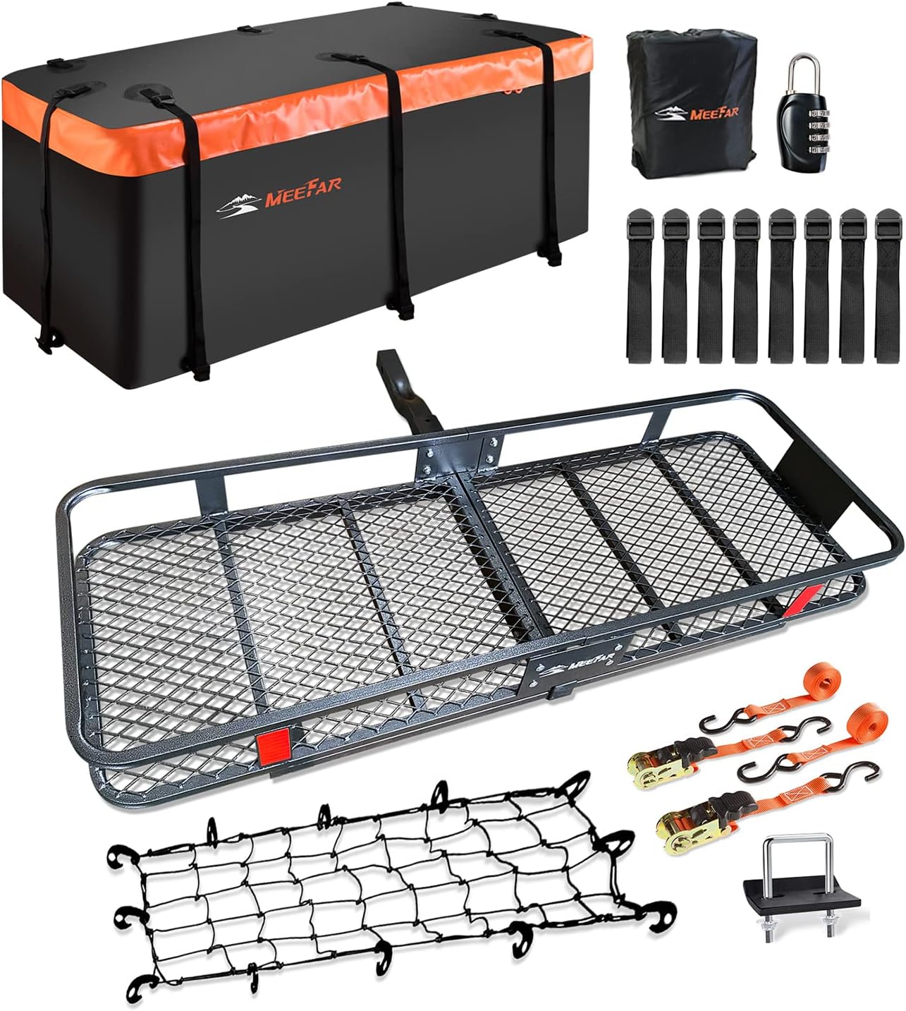 Folding hitch mounted cargo basket 60" With hook stabilizer, net and straps