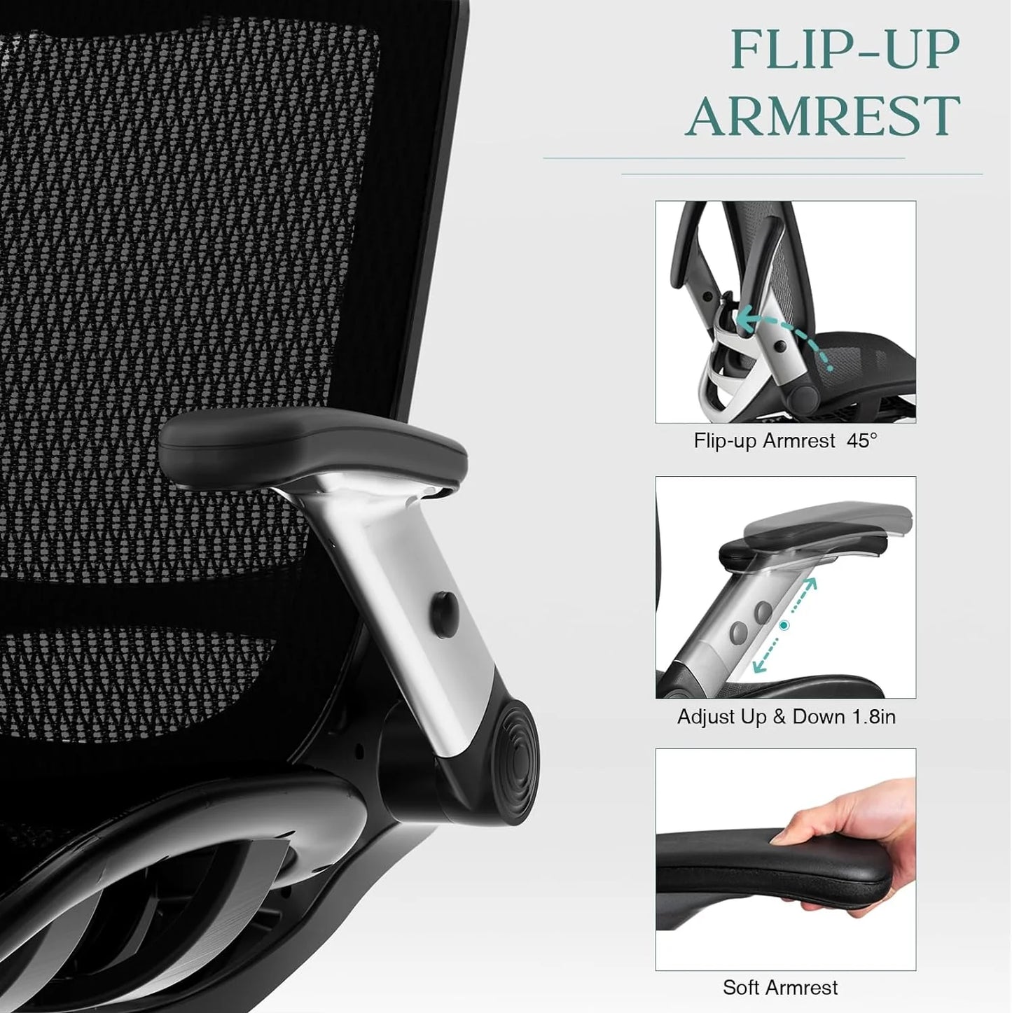Ergonomic Mesh Office Chair, High Back Desk Chair - Adjustable Headrest with Flip Arm, Tilt Function, Lumbar Support and PU Wheels, Swivel Computer Work Chair