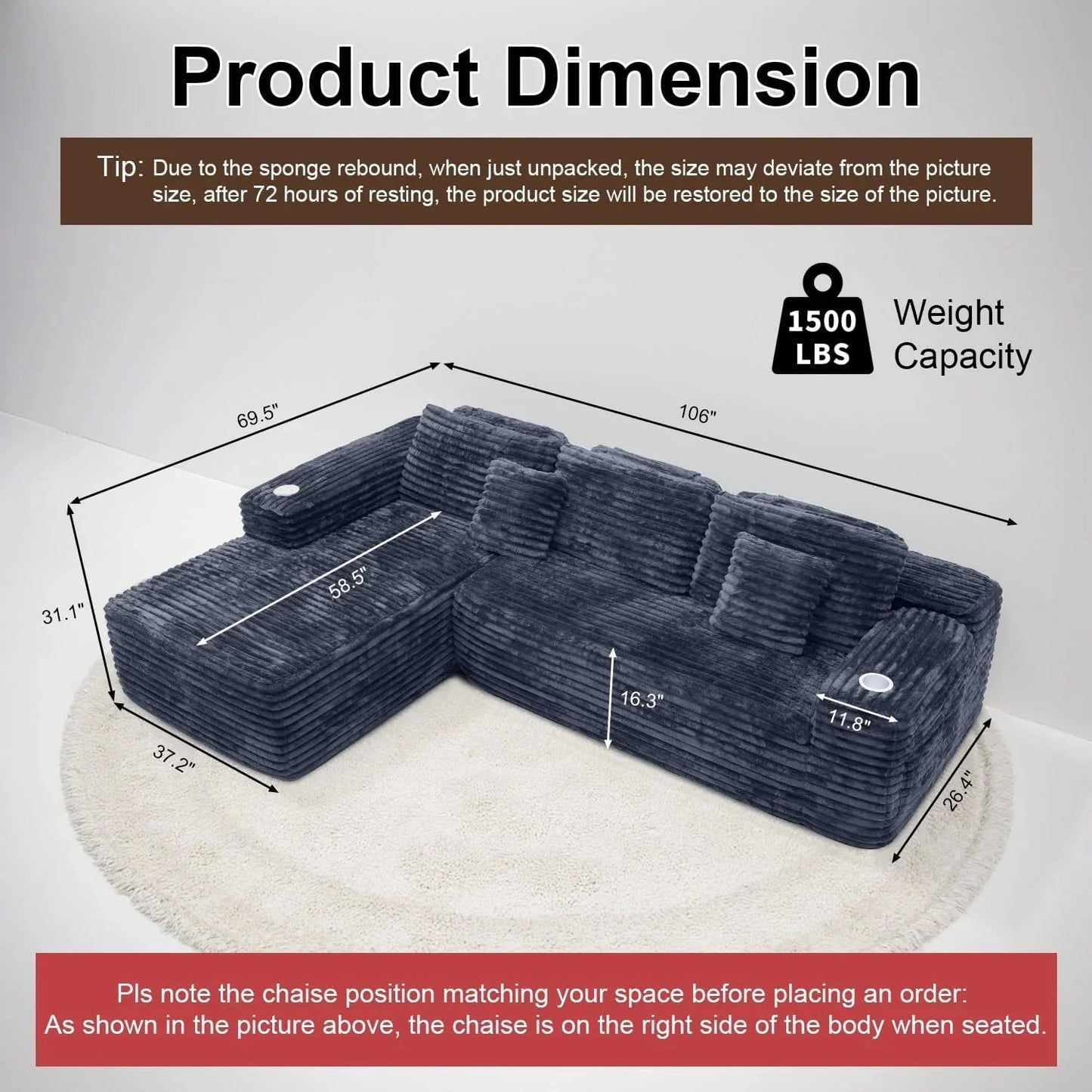 Cloud Sectional Couch with L-Shape Chaise, Modern Modular Sofa with Deep Seat, Built-in Cup Holder & Storage Pocket for Living Room Bedroom, No Assembly Required (Dark Gray, Left Sitting Chaise)