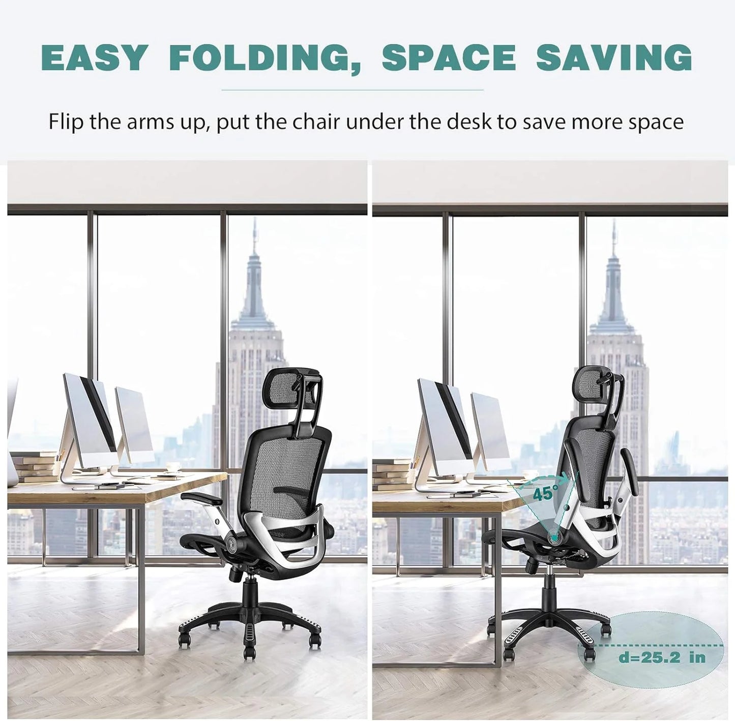 Ergonomic Mesh Office Chair, High Back Desk Chair - Adjustable Headrest with Flip Arm, Tilt Function, Lumbar Support and PU Wheels, Swivel Computer Work Chair