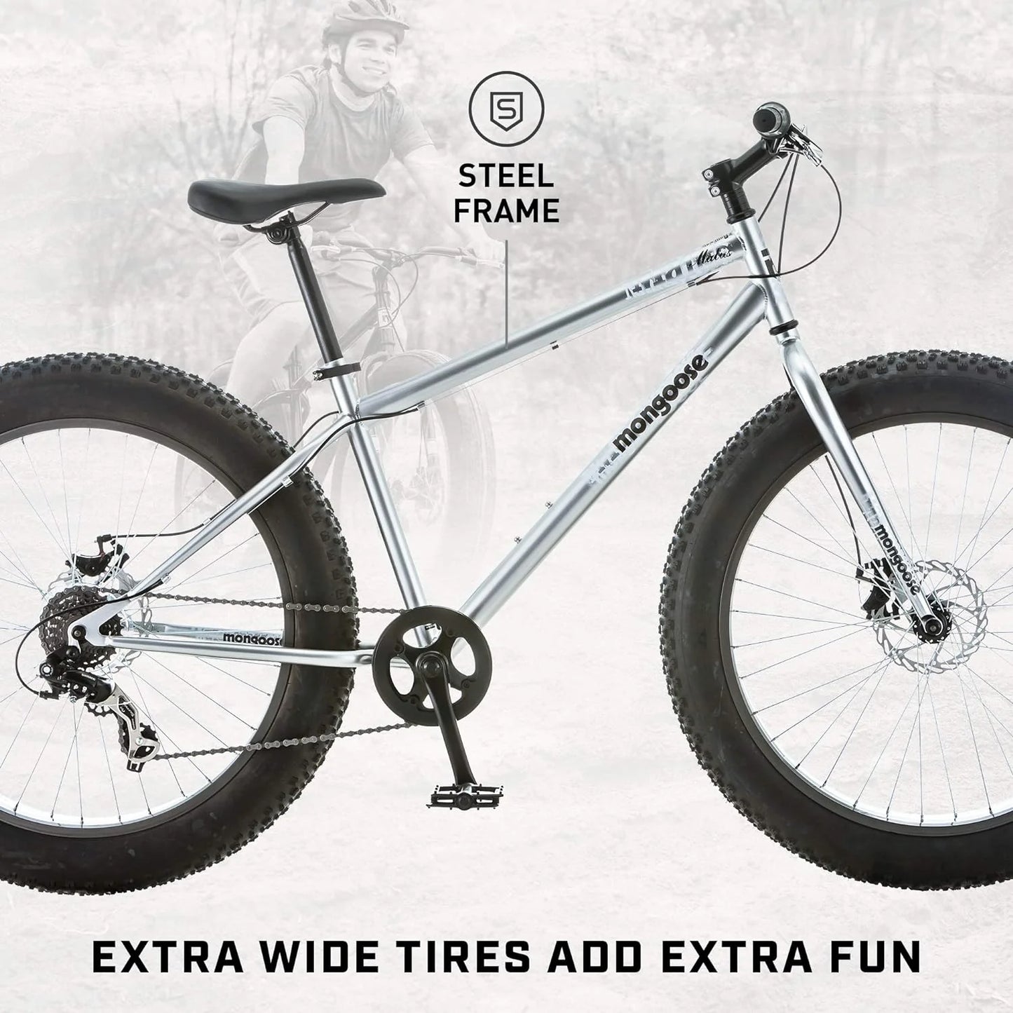 Mongoose Malus Mens and Women Fat Tire Mountain Bike, 26-Inch Bicycle Wheels, 4-Inch Wide Knobby Tires, Steel Frame, 7 Speed Drivetrain, Shimano Rear Derailleur, Disc Brakes