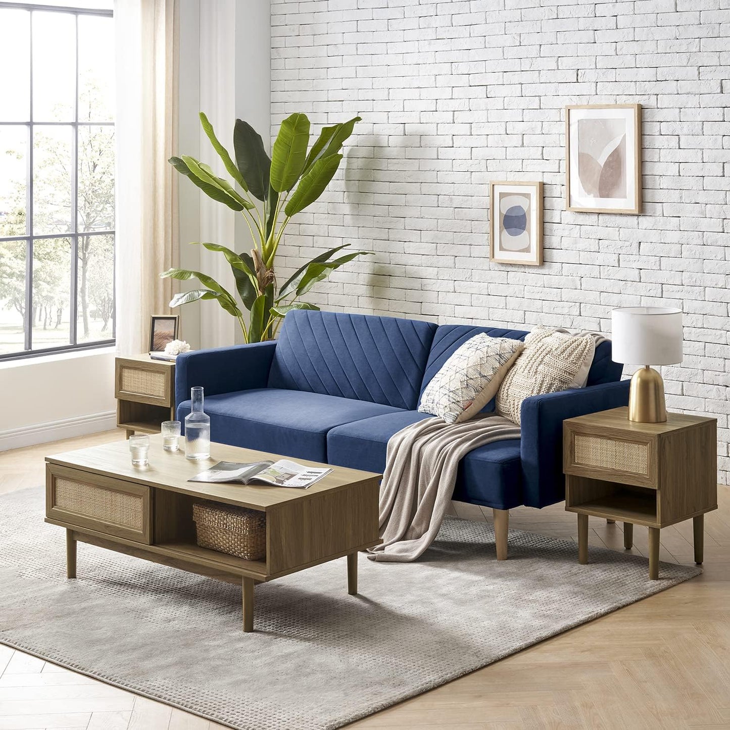 Mopio Ensley Mid Century Modern Rectangle Coffee Table with Dual Storage Shelf, Wood Slat Sliding Door, & Rounded Edge Protection for Living Room, Walnut Grain