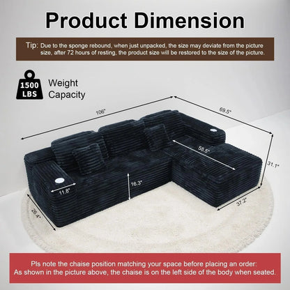 Cloud Sectional Couch with L-Shape Chaise, Modern Modular Sofa with Deep Seat, Built-in Cup Holder & Storage Pocket for Living Room Bedroom, No Assembly Required (Dark Gray, Left Sitting Chaise)