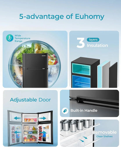 EUHOMY 3.2 Cu.Ft Mini Fridge with Freezer – 2-Door Compact Refrigerator for Bedroom, Dorm, Office or Apartment, Silver