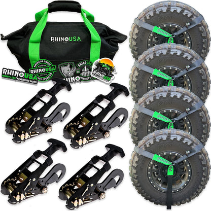 Car Tie Down Straps for Trailers with Flat Hooks (4-Pack) - 2 Inch x 8 Feet (10,000lb Break Strength) - Heavy Duty T-Handle Car Lasso Tire Straps for Trailer & UTV - Black