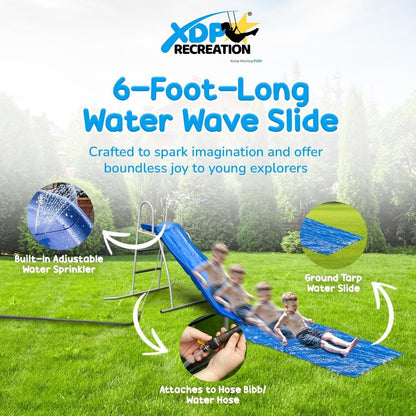 XDP Recreation 6 Foot Water Wave Slide with Built In Adjustable Sprinkler, Freestanding with Ground Pad and Hose Extension for Lawn Fun, Ages 3 to 8