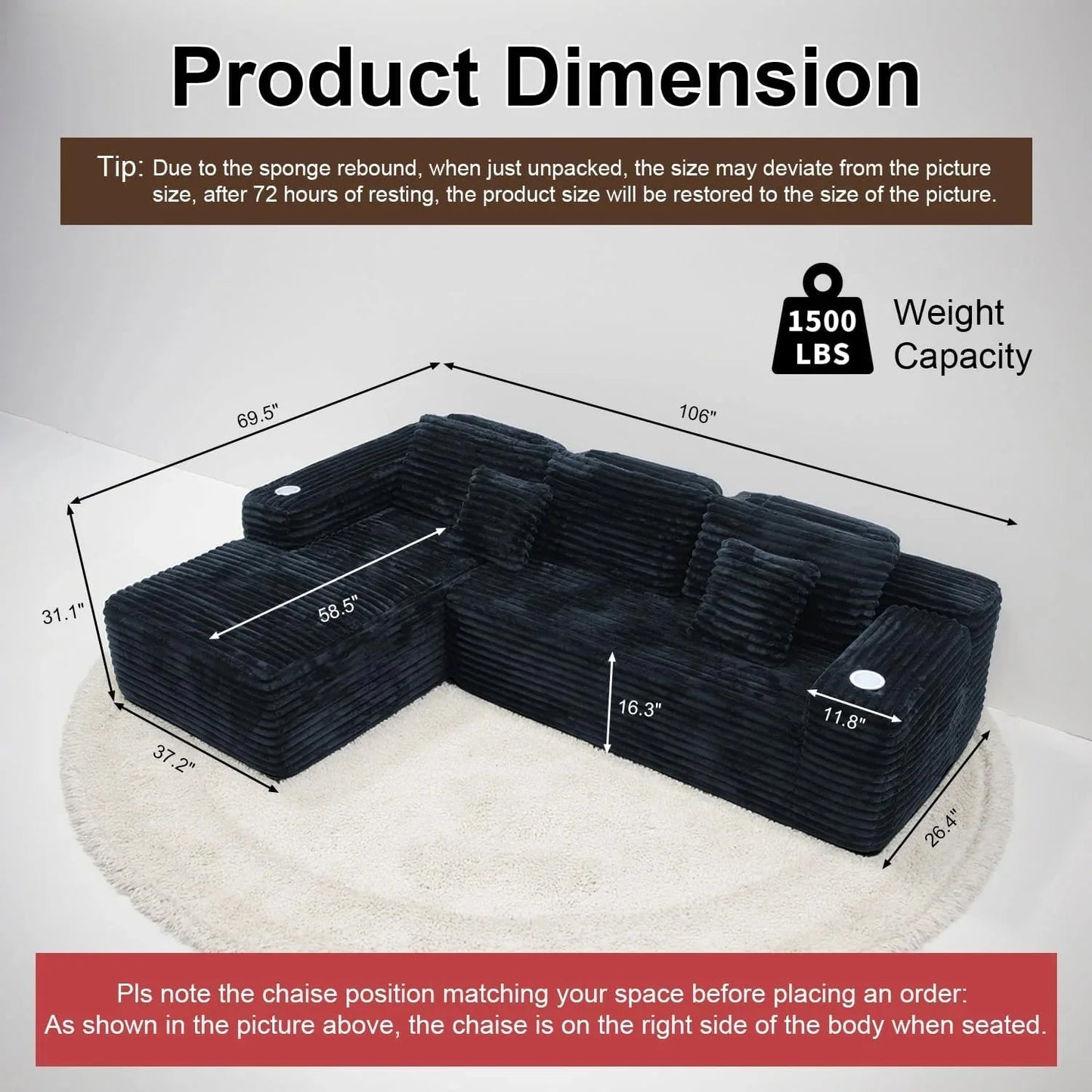 Cloud Sectional Couch with L-Shape Chaise, Modern Modular Sofa with Deep Seat, Built-in Cup Holder & Storage Pocket for Living Room Bedroom, No Assembly Required (Dark Gray, Left Sitting Chaise)